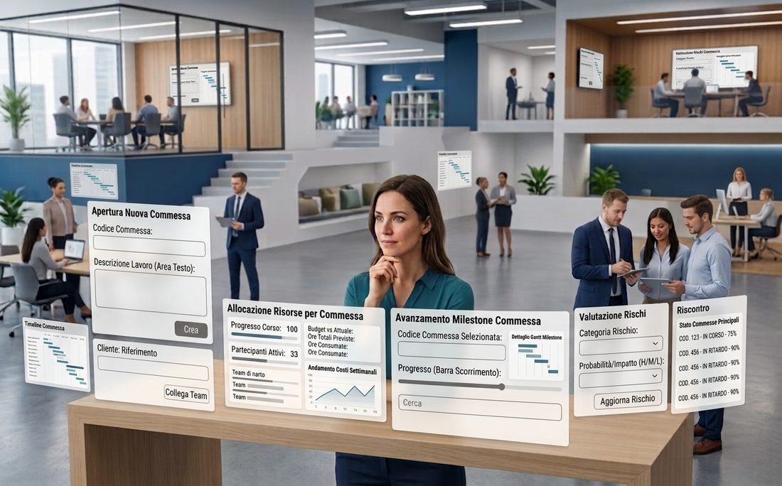Immagine illustrativa: gestione di una commessa, con allocazione risorse, avanzamento milestone e valutazione dei rischi