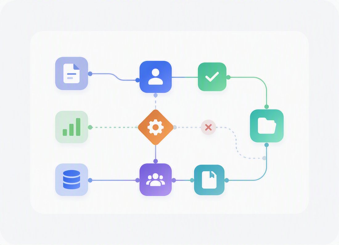 Illustrazione di un flusso di automazione: documenti, approvazioni e workflow collegati