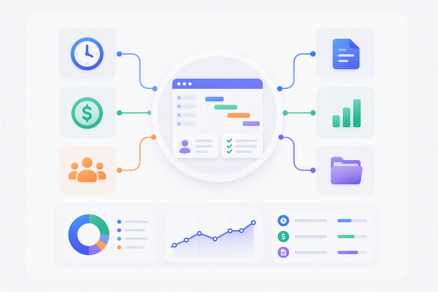 Illustrazione della gestione commesse: ore, costi, documenti e dashboard collegati in un'unica applicazione