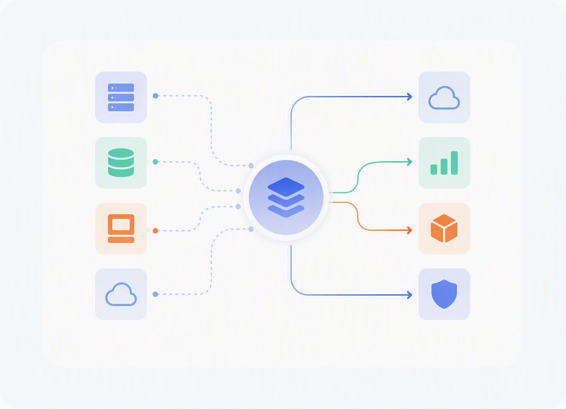 Illustrazione di integrazione tra sistemi: dati, cloud e sicurezza collegati