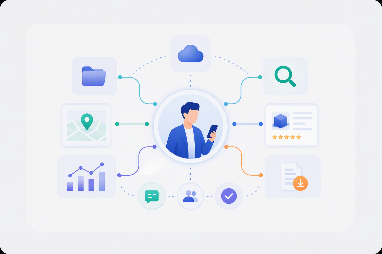 Illustrazione di un agente della rete vendita che accede a documenti, cataloghi, mappe e dati aggiornati da mobile