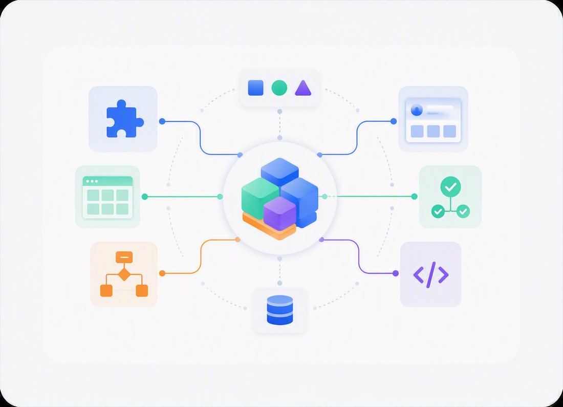 Illustrazione di soluzioni modulari collegate: componenti, dati e automazioni integrate